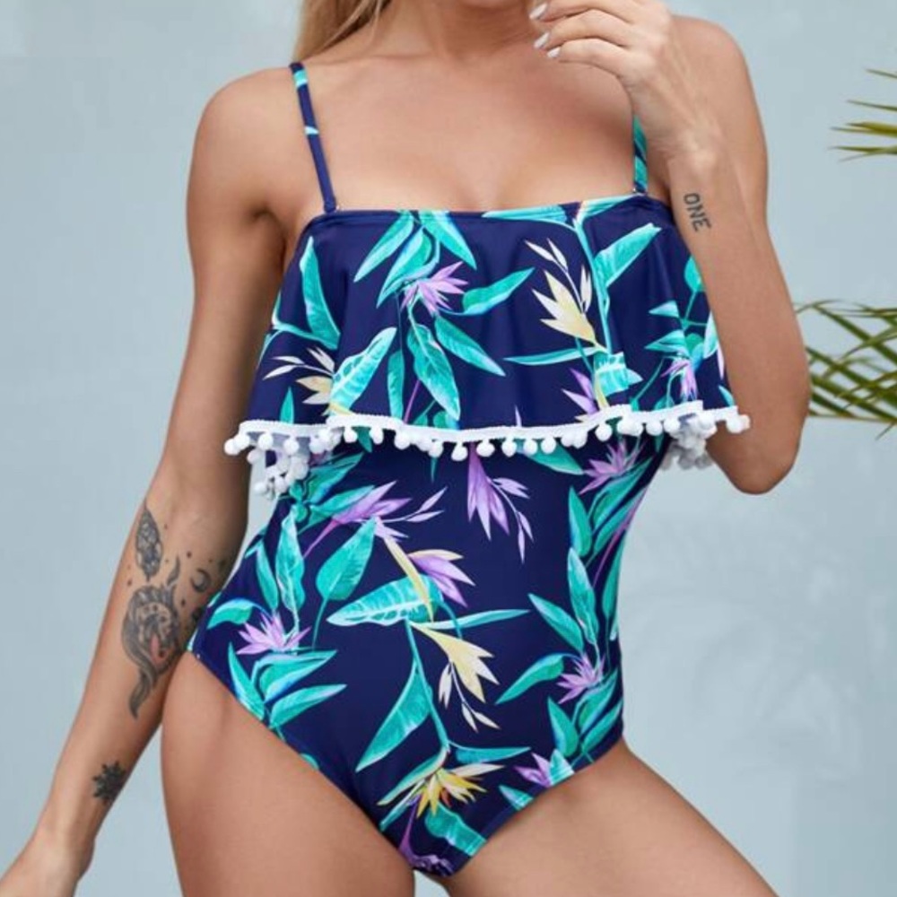 Shein Tropical Floral Flounce Navy One Piece Bathing Suit NWOT Medium Pom Poms